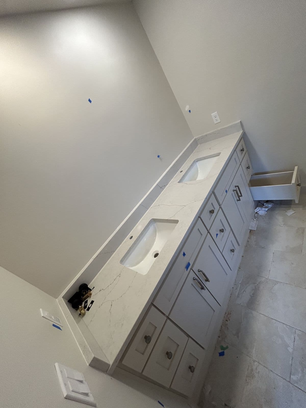 Large bathroom vanity with quartz